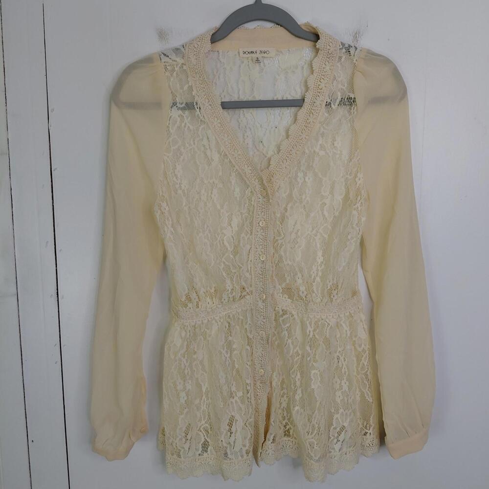 Double Zero Top Womens Small Sheer Lace Romantic Victorian Retro Scalloped Neck